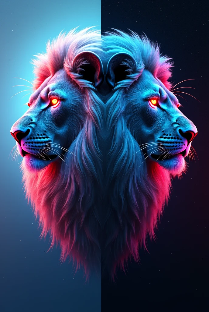 2 identical pictures, 1 image light background, 1 picture dark background, lion head, realisti, stars in the background, neon light, ​masterpiece, frontaler lion head, 