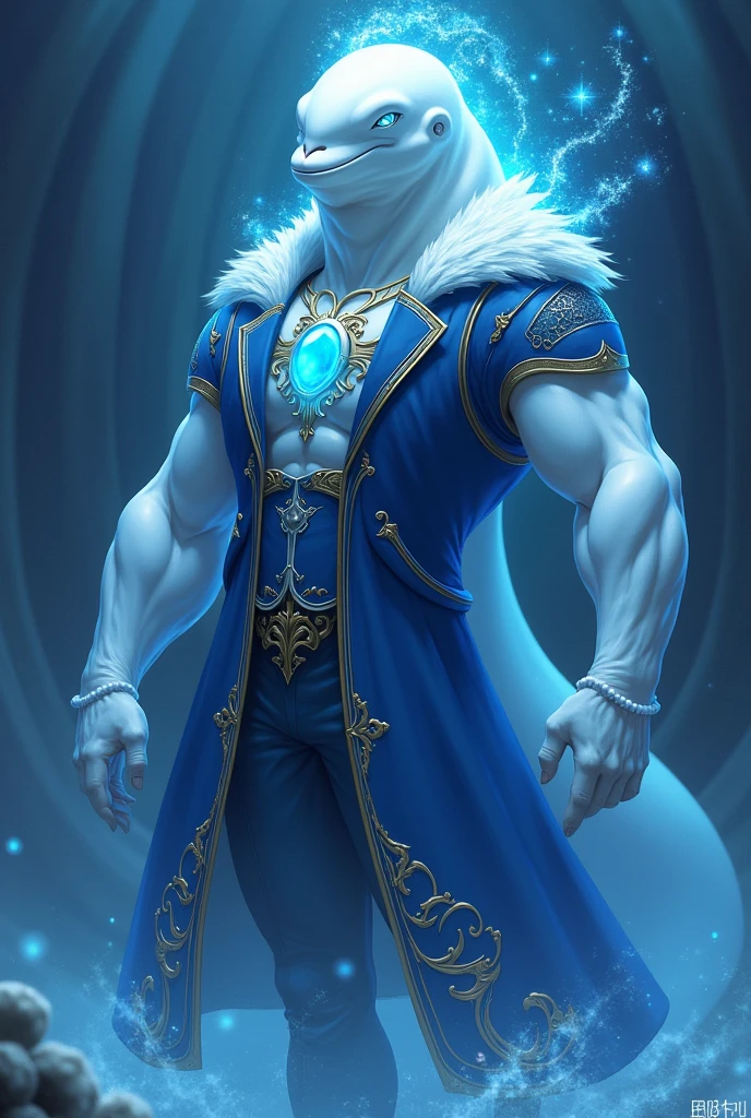 A unique being with a beluga whale's head and a tall, muscular human body. His skin is smooth and white like a beluga's. He wears a blue Victorian-era coat with gold details, and a glowing blue jewel on his chest shines like stars in the ocean's depths. His eyes, filled with blue magic, glow like the night sky. A large beluga tail extends from his lower back, and powerful water magic swirls around him, enhancing his mystical presence. Anime style
