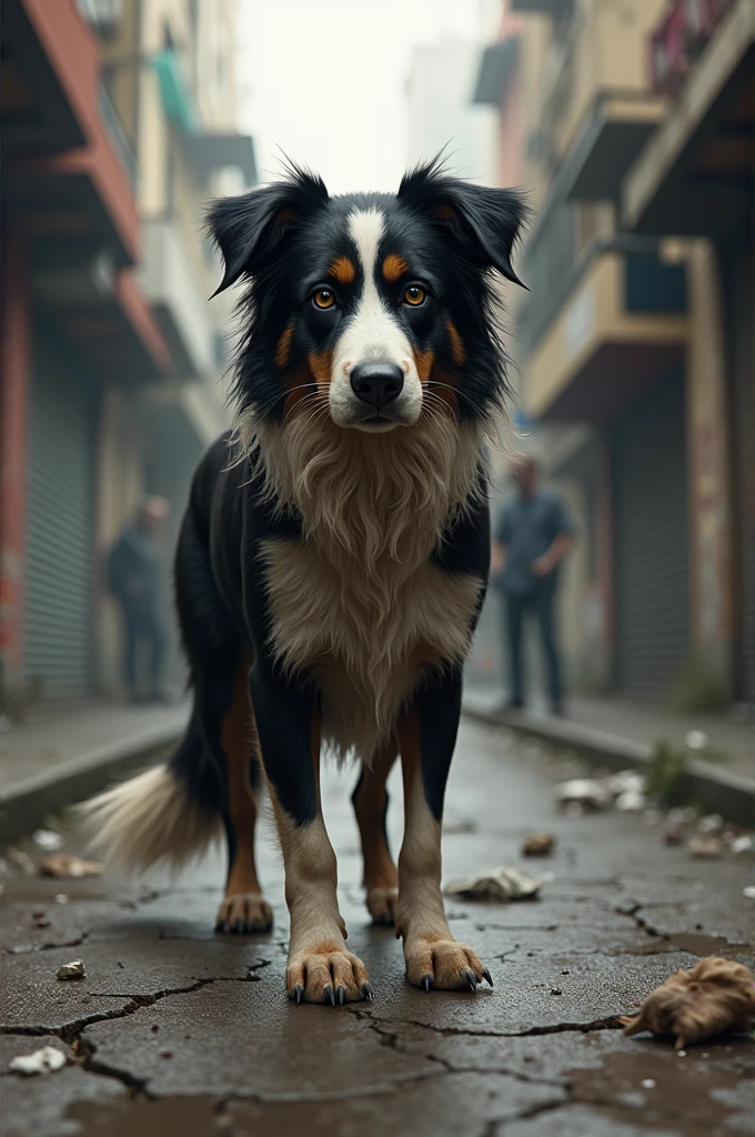 Border collie dog who is a homeless street dweller