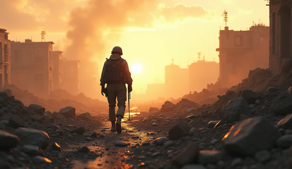 "Design an image of a soldier walking alone on an empty battlefield after combat, surrounded by the ruins of destroyed buildings and lingering smoke from small explosions. His expression is reflective, as if he's contemplating everything he's been through. The scene is desolate, but the soft light from the setting sun gives a sense of closure and resilience, suggesting the end of a long battle."