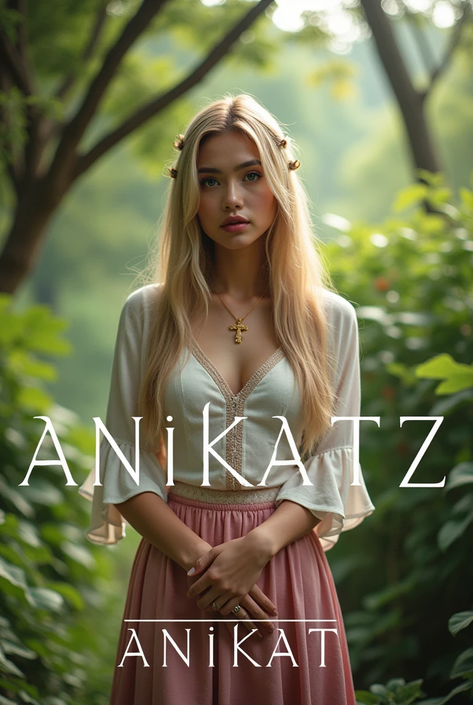 A natural environment. In the middle stands a pretty woman with long, straight blonde hair with brown hairline. She is wearing pink knee socks, blue eyes, Pink lips, a gold necklace with a cross pendant. Below it is written in capital letters Anikatz.