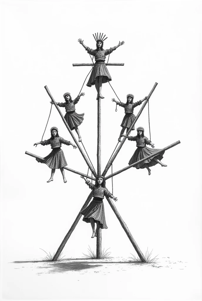 Voladores de papantla black and white drawing as if it were a normal drawing but it is a drawing