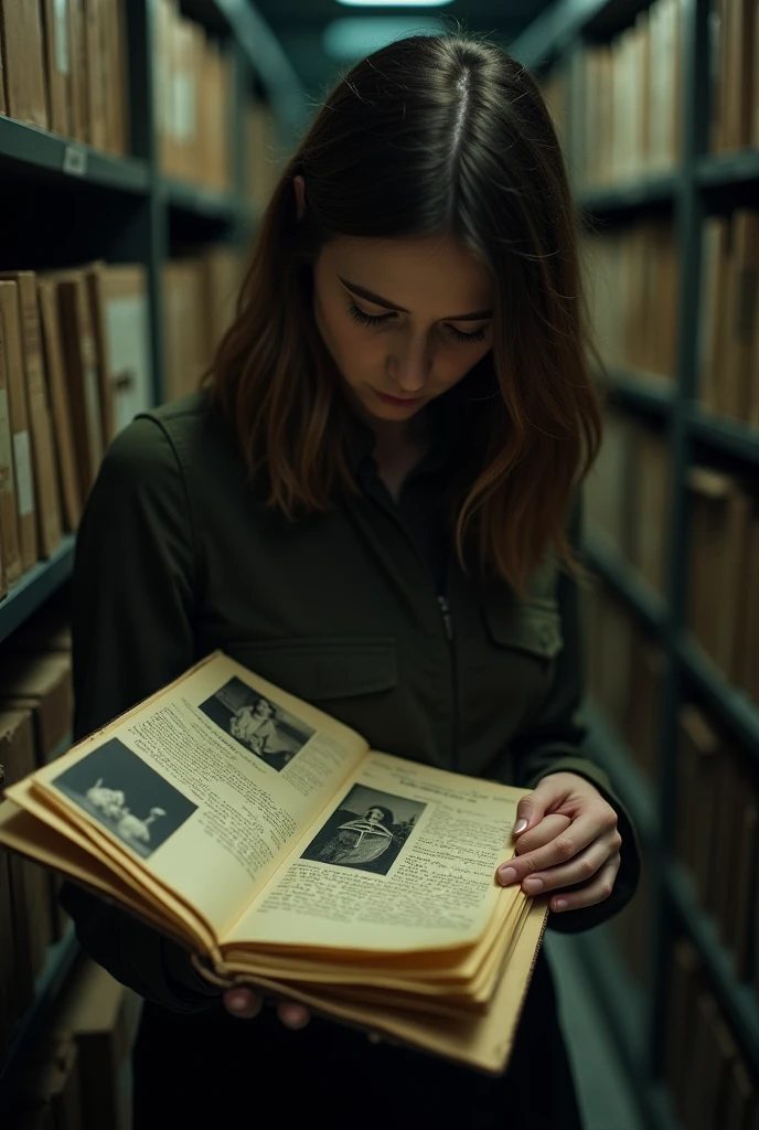 Discovery in the Archive Setting: Clara finds a folder with old documents about the disappearance case. Visual Details: Clara opening a folder with old documents and photos. Close-up on a faded photo with a drawn symbol. Details of notes and documents that connect the old case to the present.