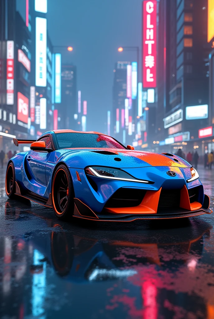 Toyota supra with blue orange bodikit in siberpunk city with neon lights in nose floor
