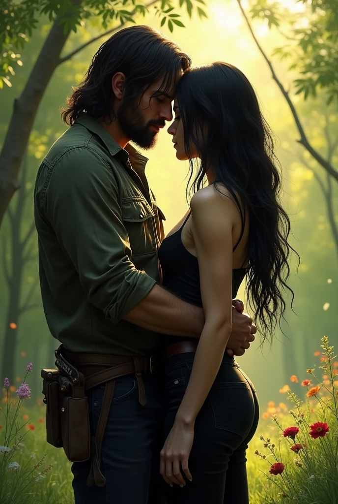 Make a picture where Daryl Dixon is hugging a thin girl with long, hip-length black hair where they are in a forest and the girl is standing with her back turned in black clothes and Daryl Dixon is leaning on her shoulder