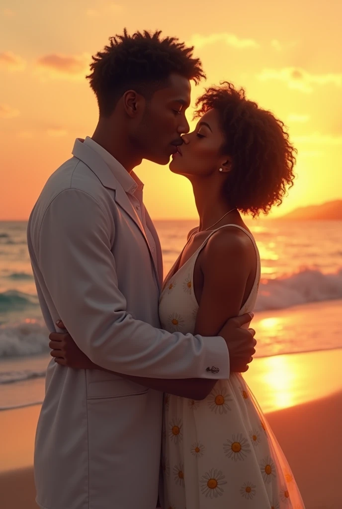 a dark-skinned pharmacist, appearance of 38 years tall,
short curly wavy hair
, next to a 20 year old with curly hair, dark skin brown eyes, short-hair, in a white daisy dress at sunset on the beach kissing