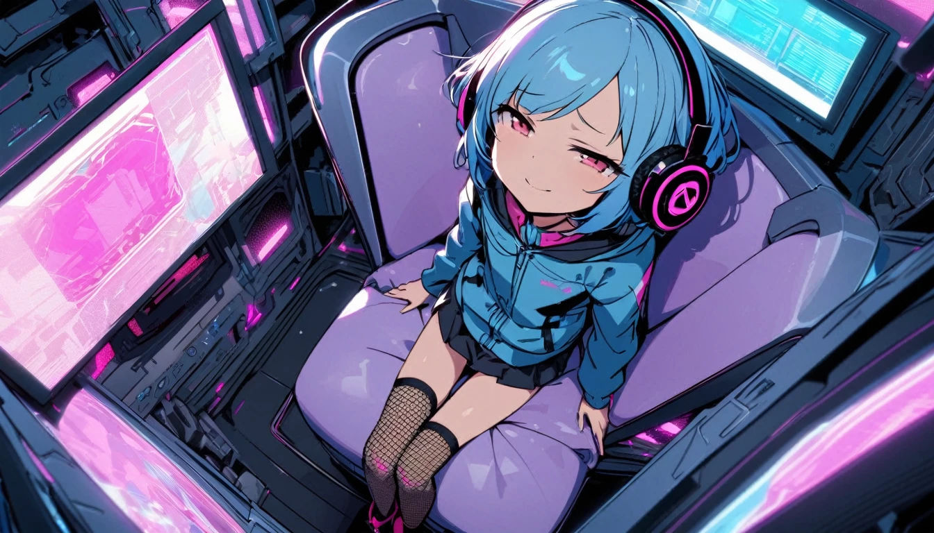 girl, blue short hair, headphones, sitting, slumped in an armchair, in a futuristic cabin, surrounded by monitors, and olographic screens , view from above, pink lights, flat chest, pre-adolescent. She looks with smug, mini-skirt, visible panties. Fishnet thighhighs, from above