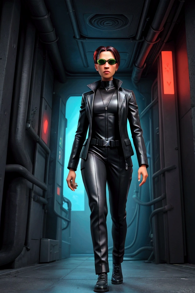 Create an animation-style image to use as your computer profile picture. The image must show a person with brown skin, wearing clothes inspired by the movie Matrix, including a black suit and sunglasses. The environment must be nocturnal and have a cyberpunk aesthetic., with neon lights and futuristic elements in the background. The person must look stylish and confident., capturing a modern and sophisticated look typical of the Matrix atmosphere.