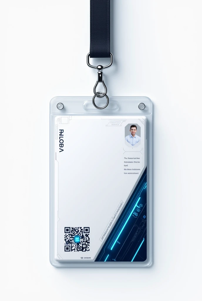 2. Badges The AI needs to generate a badge layout following the following criteria:

downtown: Include employee photo, 
 QR code that can be scanned p Aesthetics must be clean, com fundo branco, dark blue details and futuristic design