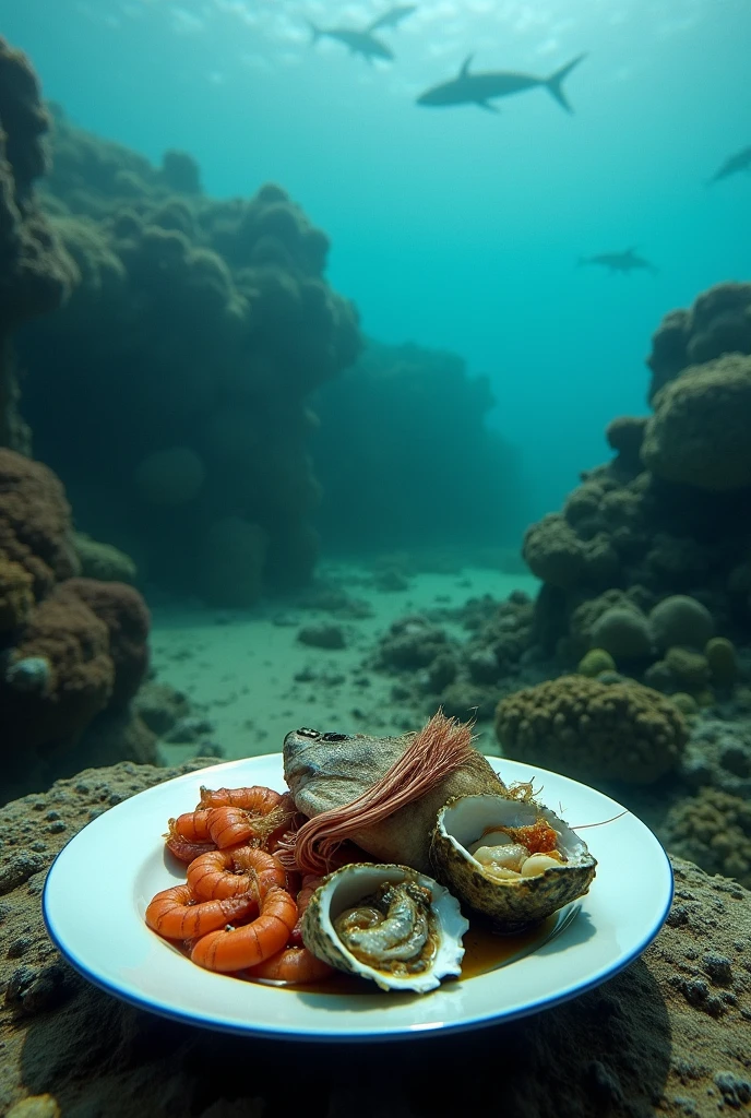 Photograph of an altered marine ecosystem and a plate of seafood.