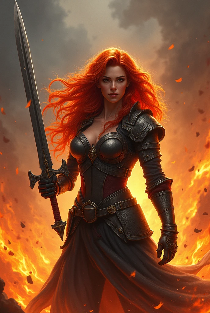 Redhead woman with sword in fire