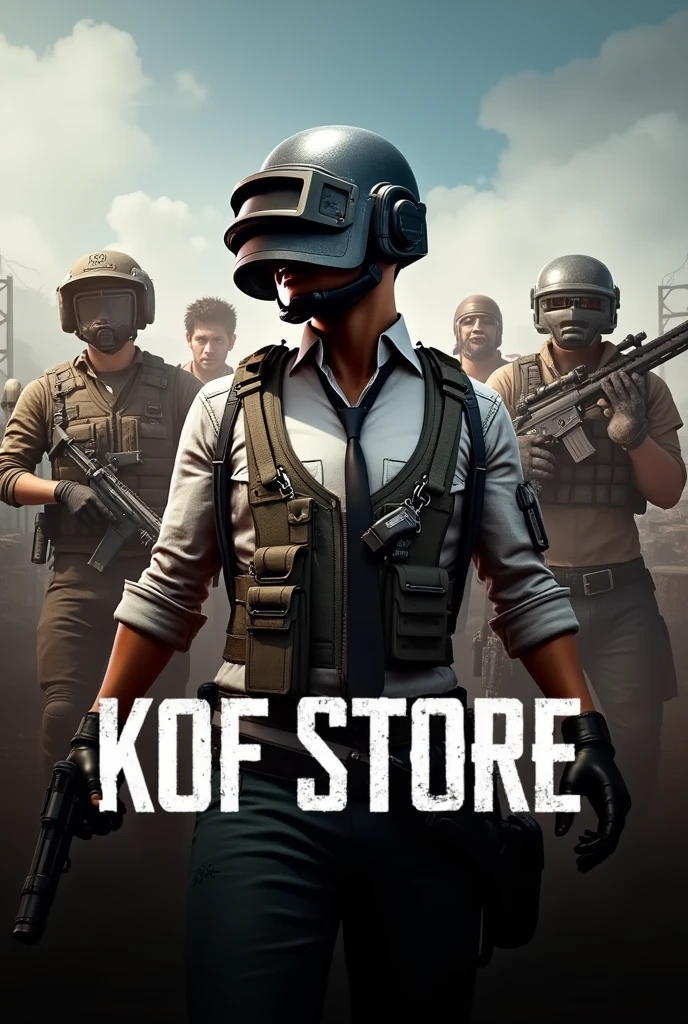 I want pubg picture squad man or women and text below KOF STORE where is text good now front of pubg man who wear helmet
