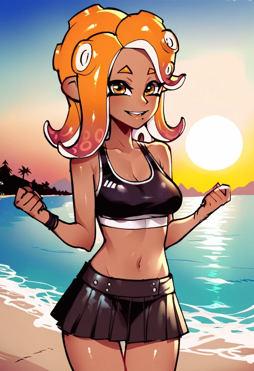 score_9,score_8_up,score_7_up,score_6_up,score_5_up,score_4_up BREAK source_anime,tentacle hair,agent,orange eyes,sports bra,octarian,yellow eyes,octopus head,octoling girl,leather skirt,midriff,amazing composition,incredible lighting,smiling,beautiful sunset,detailed background,ocean,beach,