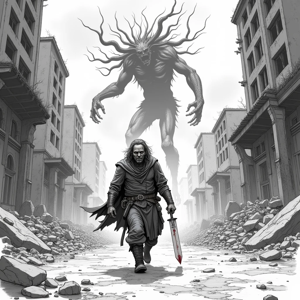 am in need of a talented illustrator who can take a DnD character sketch to the next level. I currently have a basic line art idea, but it is lacking in depth and requires some work. This is meant to have a comic book feel, with the character close to the forefront, walking and dragging a sword. I'm a sucker for foreshortening, so I'd really like the walk angle to be from ground level, angled up toward the character with a monster looming. The monster design doesn't have to stay the same, I just want something sort of Lovecraftian. The background is a rundown apocalyptic city, so I had the idea to have the character dragging the sword on the asphalt as he walks through the ruins with a monster looming above.
I will attach the original sketch, and reference photos of all the important items that should be added to the character in the images.
-No color needed. Just a base sketch is fine.
- City background
-The main thing to consider is that the character carries a chalice of blood and drags a sword, so please include those.
- Create a better layout and design for this work. It must stay as close to the sketch as possible, as I really like this design. It just needs some reworking.