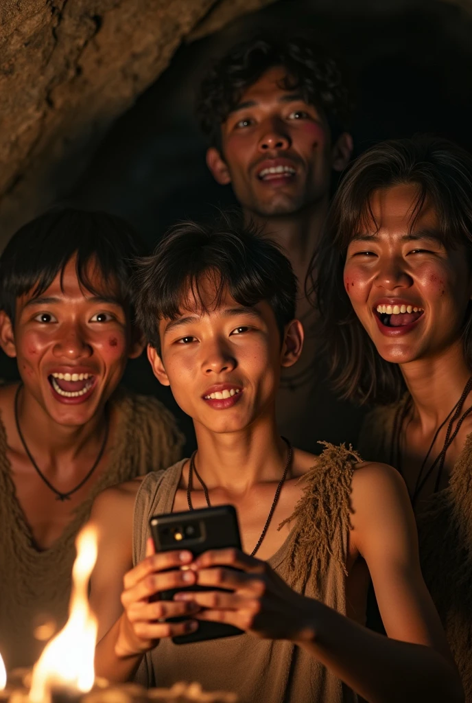 A selfie photo accidentally taken by a group of cave people as they curiously examine a smartphone. The photo is taken by them and is slightly off-center, capturing a few ancient people with surprised and puzzled expressions as they look into the camera. Their faces are dirty, with natural pigments used for primitive makeup, and their hair is messy and unkempt. The people have lightly tanned skin with subtle Asian features, similar to the girl in the previous description, but more rugged and dirtier.
They wear simple clothing made from animal hides and furs, which are dirty and worn. The lighting is dim, typical of a cave, adding a rough and wild atmosphere to the scene. The selfie is imperfect, with some faces partially cut off or blurry, reflecting their lack of familiarity with the technology. In the background, there’s a hint of their primitive environment—a cave wall with simple drawings and the faint glow of a fire. The image captures the raw, authentic moment of these ancient people interacting with something far beyond their understanding, with their expressions showing a mix of confusion and awe.