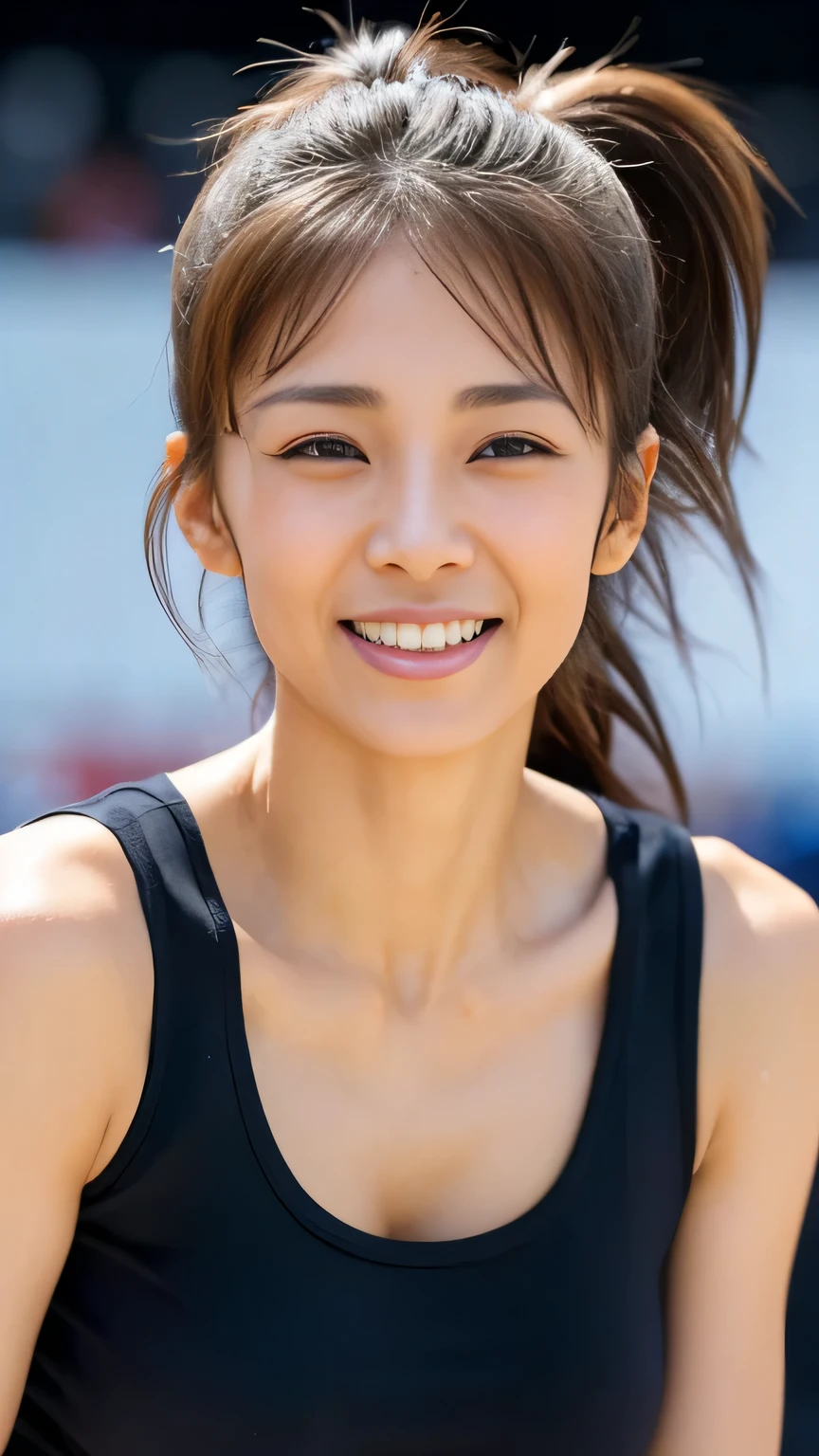 One Japanese person,Mother,40 years old,breast enhancement、Shooting from the front、(Realistic facial wrinkles)、(Wrinkles around the eyes:1.2),(Tear bags),Athletics Stadium、Turn to me and smile、(Watching the audience:1.4)、(Wearing a competition tank top:1.4)、1 Japanese person、housewife、40 years old、Symmetrical eyes、Whole Body Ezbian、(Realistic facial wrinkles:1.2)、Brown eyes、(Hair all back、ponytail:1.2)、Brown Hair、Sweaty face、Dripping Sweat、Wet Hair、Sweat stained clothes、(Perfect limbs)、(Beautiful big boobs、Narrow waist)、uhd、masterpiece、Ultra-detailed、Highest quality、16K