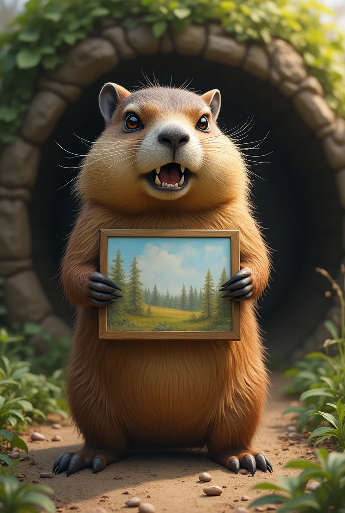 Angry groundhog holding a painting 