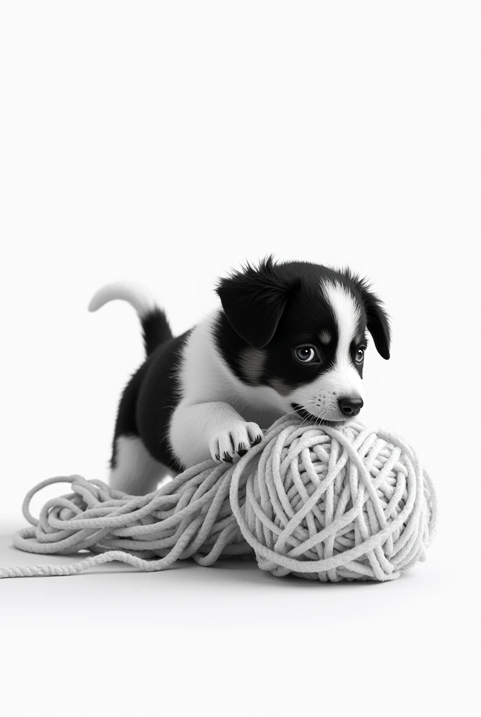 Black and white puppy playing with knitting wool No background