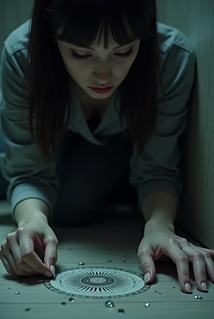 Close-up of Clara picking up the broken glass and symbol on the floor.
