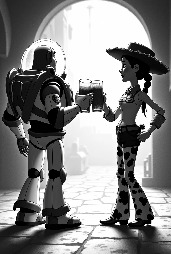 Dessin noir et blanc Buzz l'éclair et Jessie de dos entrain de trinquer avec une chope de bière 