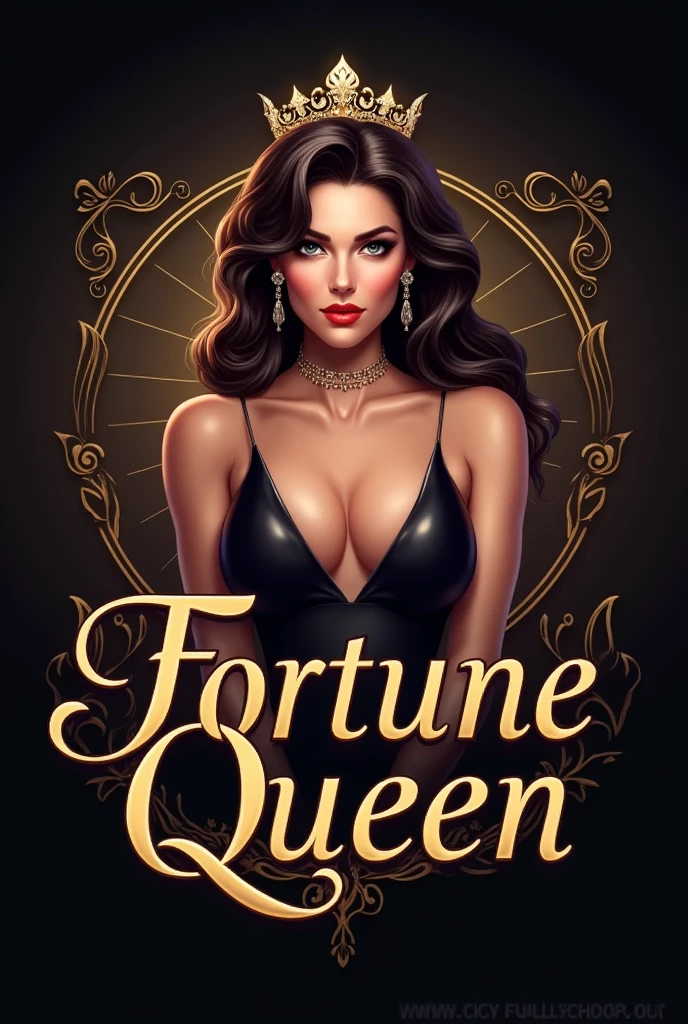 Create a logo for a dp of  an online casino platform named fortune queen using a girl with the name written on the logo in the middle of the picture