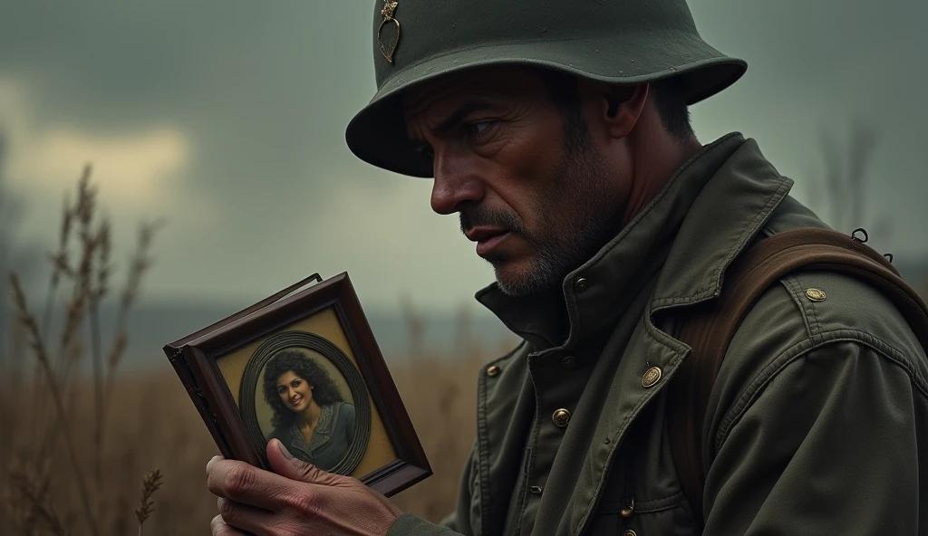 "Create an image of a soldier holding a medallion or photograph of his family, looking at it with a nostalgic and reflective expression. In the background, the battlefield is darkening, and the soldier appears torn between his duty and his personal life. The image should highlight the emotional conflict of fighting to protect loved ones."