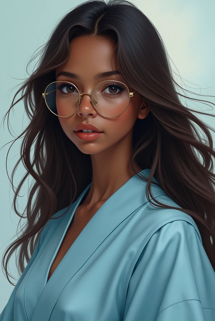 Dark skinned girl with long brown hair and glasses with a light blue kimoto