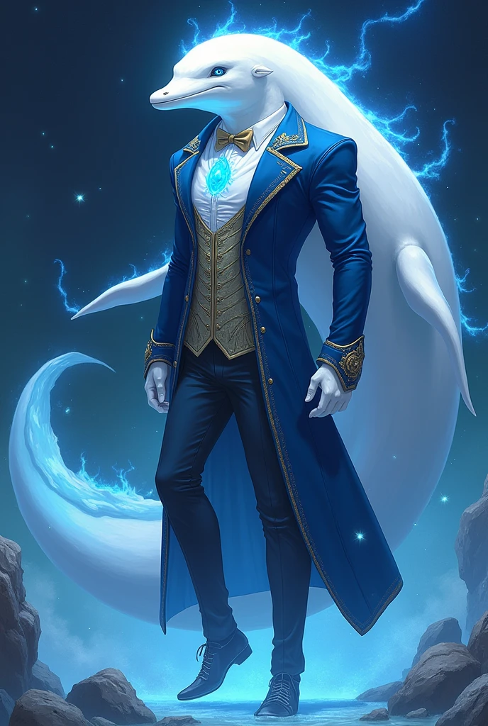 A unique being with a beluga whale's head and a tall, muscular human body. His skin is smooth and white like a beluga's. He wears a blue Victorian-era coat with gold details, and a glowing blue jewel on his chest shines like stars in the ocean's depths. His eyes, filled with blue magic, glow like the night sky. A large beluga tail extends from his lower back, and powerful water magic swirls around him, enhancing his mystical presence. Anime style