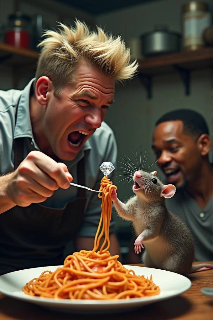 gordon ramsay screaming to a rat holding a Diamond while will smith is eating spaghetti background
