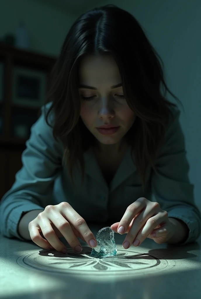 Close-up of Clara picking up the broken glass and symbol on the floor.