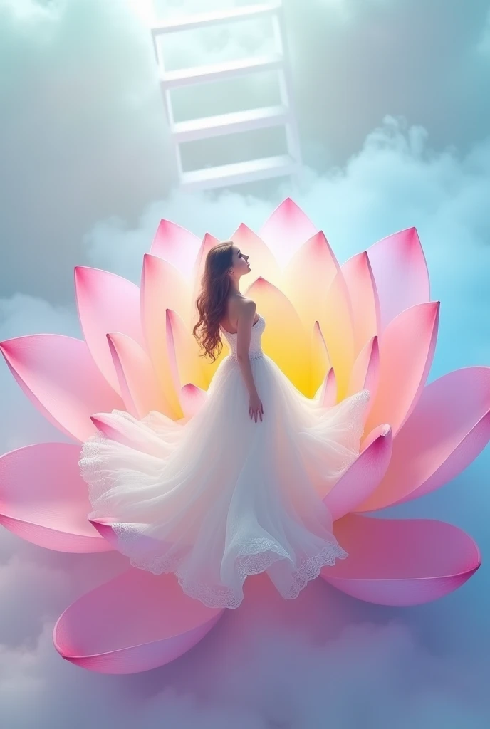 running on clouds, background color pale blue-pink in the distance from the fog around and at the feet, minimalist, elegant, pure gentle, soft rainbow light, veil,lacePhotorealistic. Giant Rainbow Lotus , with huge and long rainbow petals. (petal made of thin and soft tulle, flowing petals full background, floating petals, hyperflying petals, at the feet A mixture of rainbow smoke and fog effects from colored pale blue fog on the ground and petals). Extravagant, beautiful woman full length, nice legs,shoes, in a fast dance in a flying pose, (Ultra detailed face, hyperrealistic) позирую Giant Rainbow Lotus , center of rainbow in photo, woman looking at viewer, разрешение 8 K, masterpiece, top quality, the skirt flutters strongly in the wind,Tyndall phenomenon，white staircase to heaven, beautiful blonde, Best quality, super detailed, valid,professional，white fluffy lace wedding dress， extravagant development is strong, lots of lace on the dress, train,Rows of pale pink and violet rays, cloud, light multi-colored fog，White minimalist, partial reflection，Desktop wallpaper，Love is light, 8 K,12K,