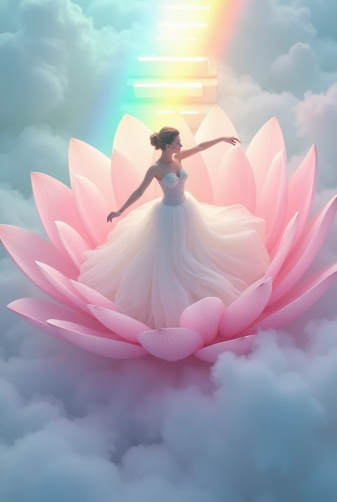 running on clouds, background color pale blue-pink in the distance from the fog around and at the feet, minimalist, elegant, pure gentle, soft rainbow light, veil,lacePhotorealistic. Giant Rainbow Lotus , with huge and long rainbow petals. (petal made of thin and soft tulle, flowing petals full background, floating petals, hyperflying petals, at the feet A mixture of rainbow smoke and fog effects from colored pale blue fog on the ground and petals). Extravagant, beautiful woman full length, nice legs,shoes, in a fast dance in a flying pose, (Ultra detailed face, hyperrealistic) позирую Giant Rainbow Lotus , center of rainbow in photo, woman looking at viewer, разрешение 8 K, masterpiece, top quality, the skirt flutters strongly in the wind,Tyndall phenomenon,white staircase to heaven, beautiful blonde, Best quality, super detailed, valid,professional,white fluffy lace wedding dress, extravagant development is strong, lots of lace on the dress, train,Rows of pale pink and violet rays, cloud, light multi-colored fog,White minimalist, partial reflection,Desktop wallpaper,Love is light, 8 K,12K,