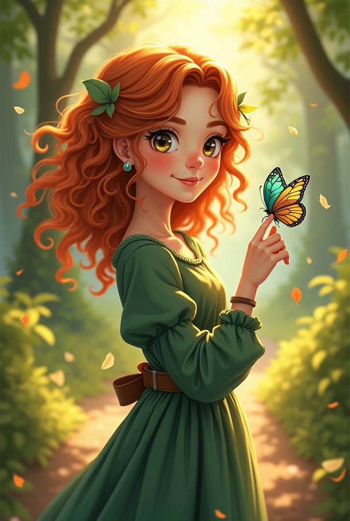 Anime style mild orange-red curly hair lots of freckles brown-green eyes long green dress with a brown belt in the middle. Standing on the path smiling leaves circle her face as they fall down no hat pale skin pointed nose happy smile surrounded by gentleness sunlight leads you to the witch a turquoise-golden butterfly lands on the right hand on the index finger her fingernail is transparently varnished watching the fascinating butterfly 