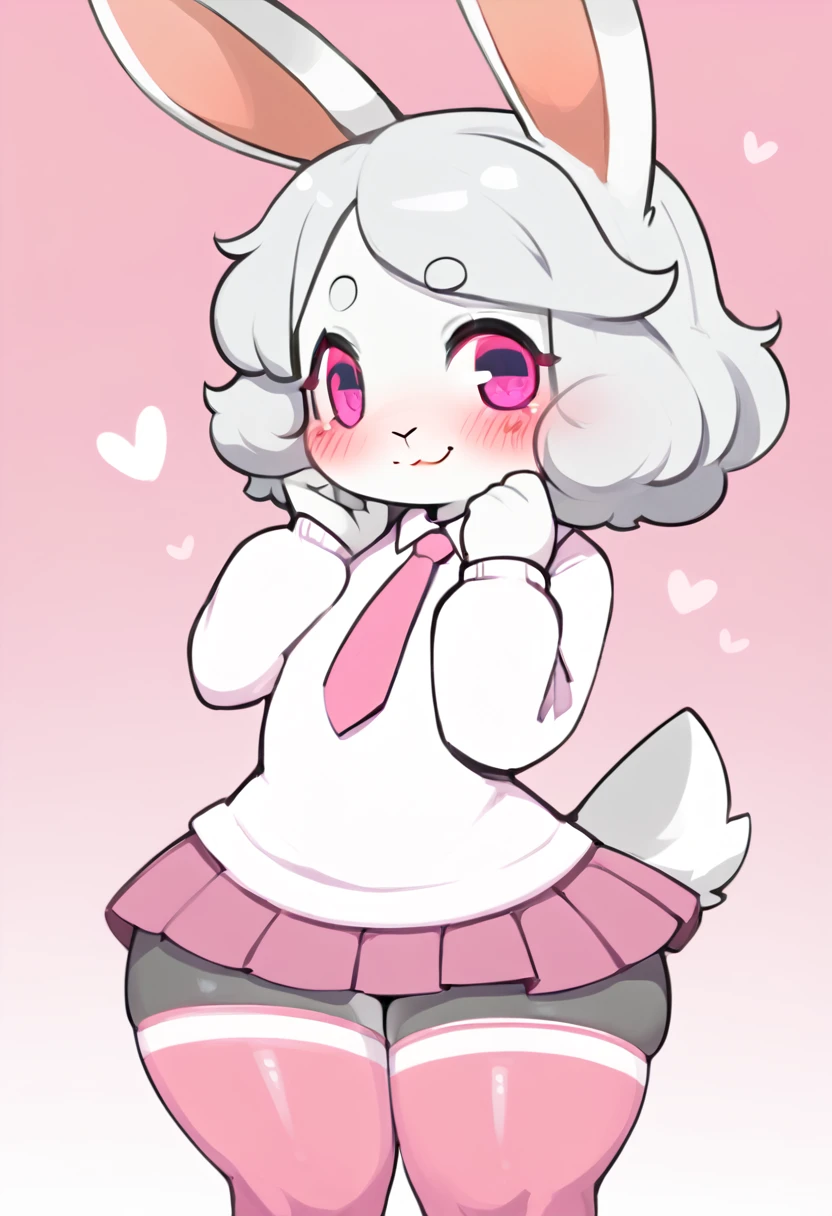 A rabbit, curly white hair, pink eyes, wearing a mini skirt, very suggestive pose, blushing face, cute face, open legs. Thick thighs, tight stockings, .