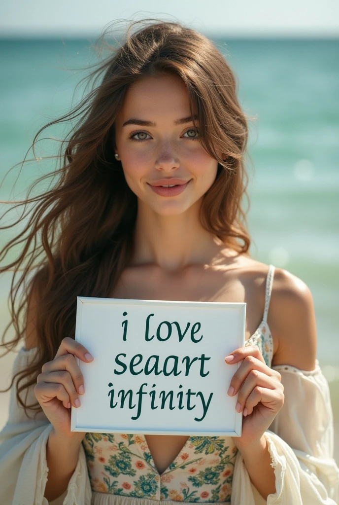 Beautiful girl with wavy long hair, bohemian dress, holding a white board with text "I Love Seaart Infinity" and showing it to the viewer