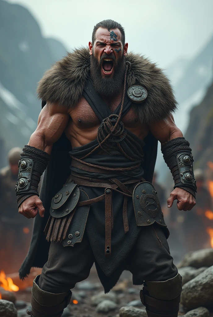 Realistic Viking warrior screaming with teeth bared with a Norse tattoo around his eye and with his eyes open 