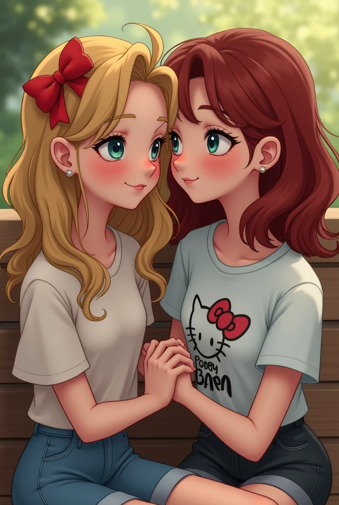 two girls sitting close to each other on a bench and holding hands. one will be a blonde, not too dark but not too light, her hair is golden and hip-length, it can be slightly curled at the ends, and I ask that the strands fall on her face, also slightly curled, the hair should be loose, but please have a red bow attached to it , the girl has a delicate beauty, her eyes are blue but slightly green inside, her eyelashes are mascaraed and her lips are slightly pink, her nose is slightly shiny at the tip and there are small hoop earrings in her ears, she is wearing a red top reaching to her navel with a slight neckline and it is tied around her neck, at the bottom it has low-waisted bell-bottoms in the color of dark denim. the second girl has shoulder-length red hair, but under the red hair it is black near her face and around the neck, she has stronger makeup, i.e. black lines, slightly white lines above them, mascara, light blush, highlighter on the nose and cheeks, and pink lips nude ones that are even dark but not too dark in the ears, she has invisible piercings in her nose, she has a septum ring and a nose ring, a small ball, she is wearing a white top with the inscription "future milf" and black wide pants in her navel, she has a piercing on one hand, several bracelets and nails, a red french coat and blue ones. I want my eyes to look like from a Disney cartoon