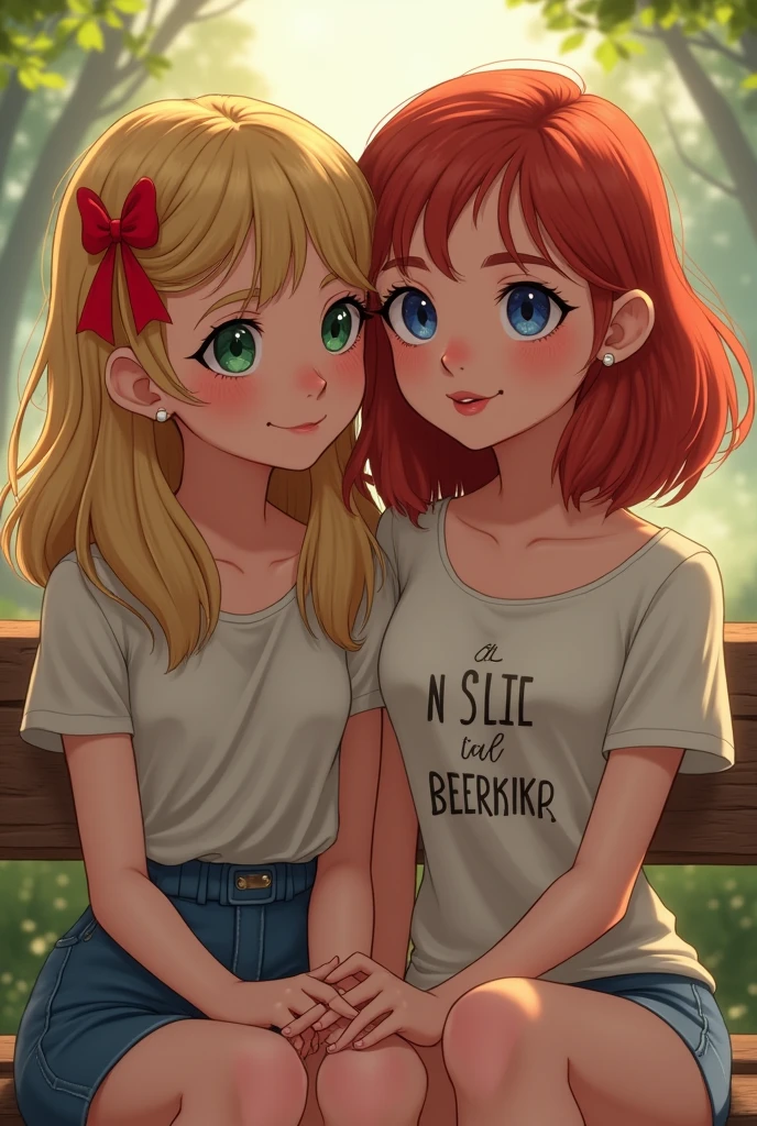 two girls sitting close to each other on a bench and holding hands. one will be a blonde, not too dark but not too light, her hair is golden and hip-length, it can be slightly curled at the ends, and I ask that the strands fall on her face, also slightly curled, the hair should be loose, but please have a red bow attached to it , the girl has a delicate beauty, her eyes are blue but slightly green inside, her eyelashes are mascaraed and her lips are slightly pink, her nose is slightly shiny at the tip and there are small hoop earrings in her ears, she is wearing a red top reaching to her navel with a slight neckline and it is tied around her neck, at the bottom it has low-waisted bell-bottoms in the color of dark denim. the second girl has shoulder-length red hair, but under the red hair it is black near her face and around the neck, she has stronger makeup, i.e. black lines, slightly white lines above them, mascara, light blush, highlighter on the nose and cheeks, and pink lips nude ones that are even dark but not too dark in the ears, she has invisible piercings in her nose, she has a septum ring and a nose ring, a small ball, she is wearing a white top with the inscription "future milf" and black wide pants in her navel, she has a piercing on one hand, several bracelets and nails, a red french coat and blue ones. I want my eyes to look like from a Disney cartoon