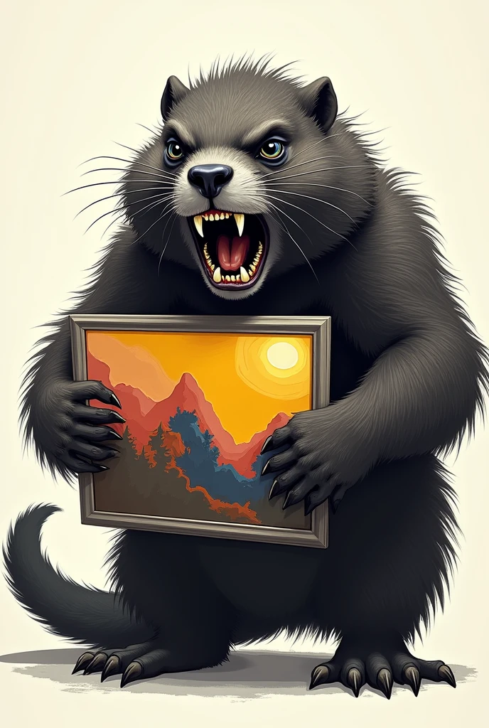 Angry black marmot holding a painting