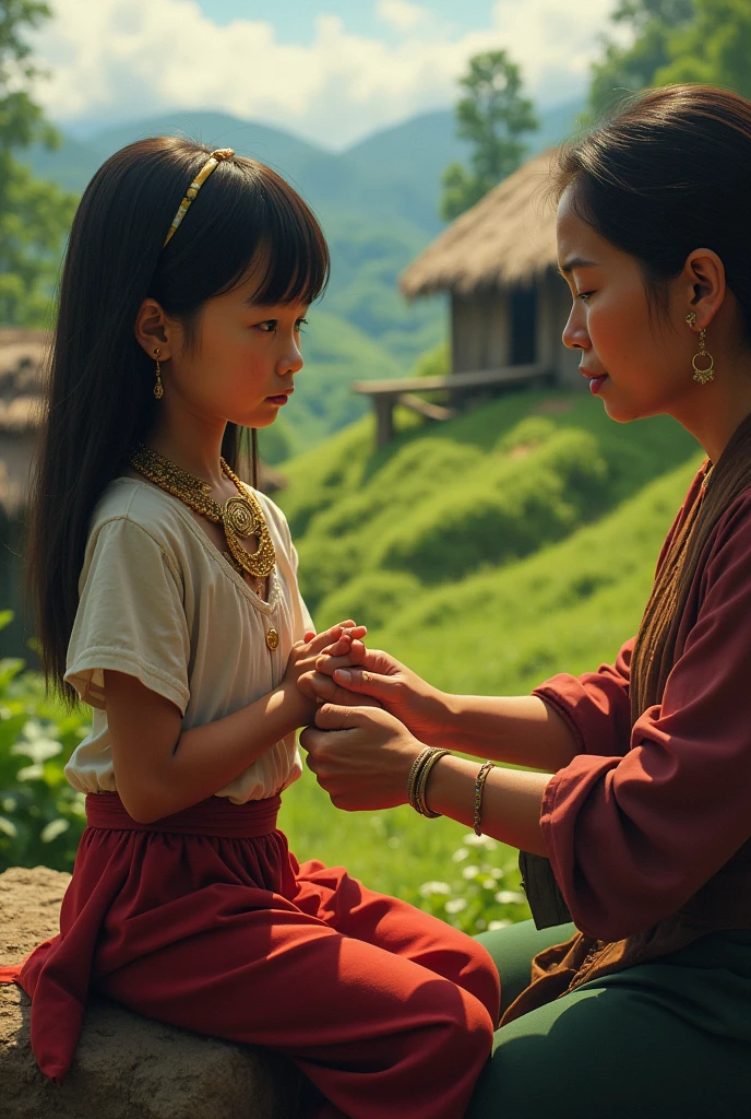 A young girl from the Karen tribe is being fitted with a brass ring by her mother., with the background of rural Thailand.