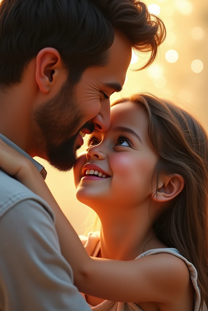 a beautiful young girl, a loving father, father and daughter, warm hug, tender embrace, parent child relationship, family bonding, affectionate, cute, adorable, heartwarming, delighted smile, pure joy, beautiful detailed eyes, beautiful detailed lips, extremely detailed eyes and face, long eyelashes, intricate details, photo, highly detailed, masterpiece, photorealistic, realistic, vibrant colors, warm lighting, soft focus, dreamy atmosphere, tender moments, precious memories