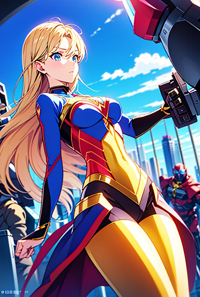 Masterpiece, Best Quality, Detail, A beautiful superheroine small breasts long blonde hair blue eyes she fights against a robot