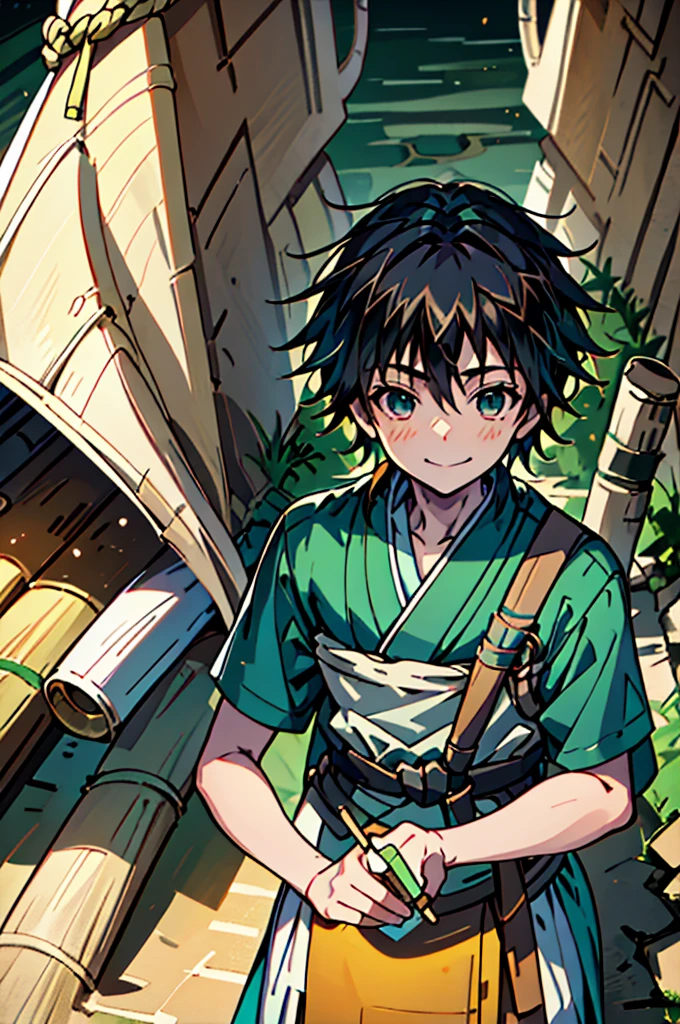 anime art style, insanely detailed, young orphan boy, hazel green eyes, straight hair, brown hair, midnight blue highlights in his hair, wearing a rough green and tan kimono, smiling and concentrating expression, drawing a diagram in the sand with a bamboo stick, sand blowing around, desert village setting