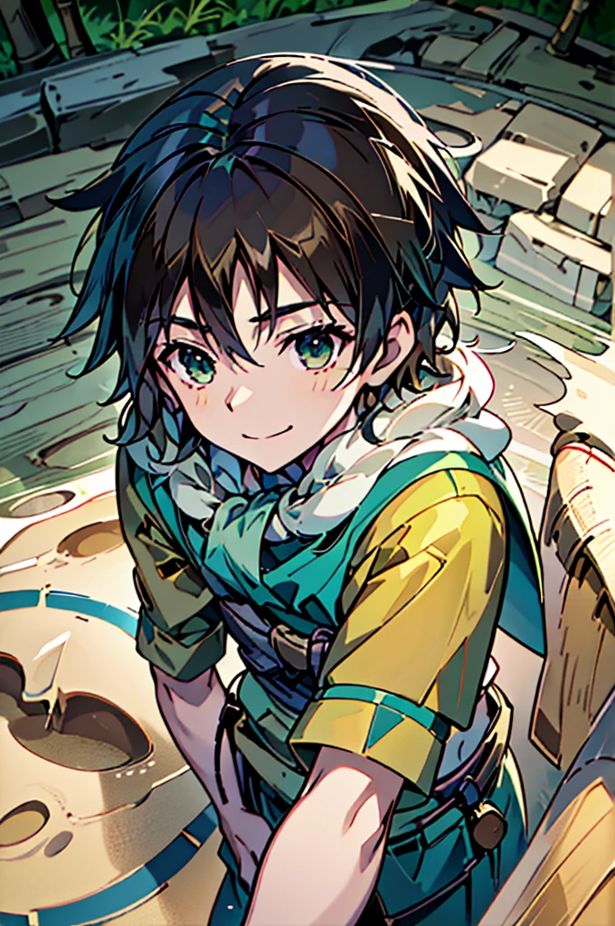 anime art style, insanely detailed, young orphan boy, hazel green eyes, straight hair, brown hair, midnight blue highlights in his hair, wearing a rough green and tan kimono, smiling and concentrating expression, drawing a diagram in the sand with a bamboo stick, sand blowing around, desert village setting