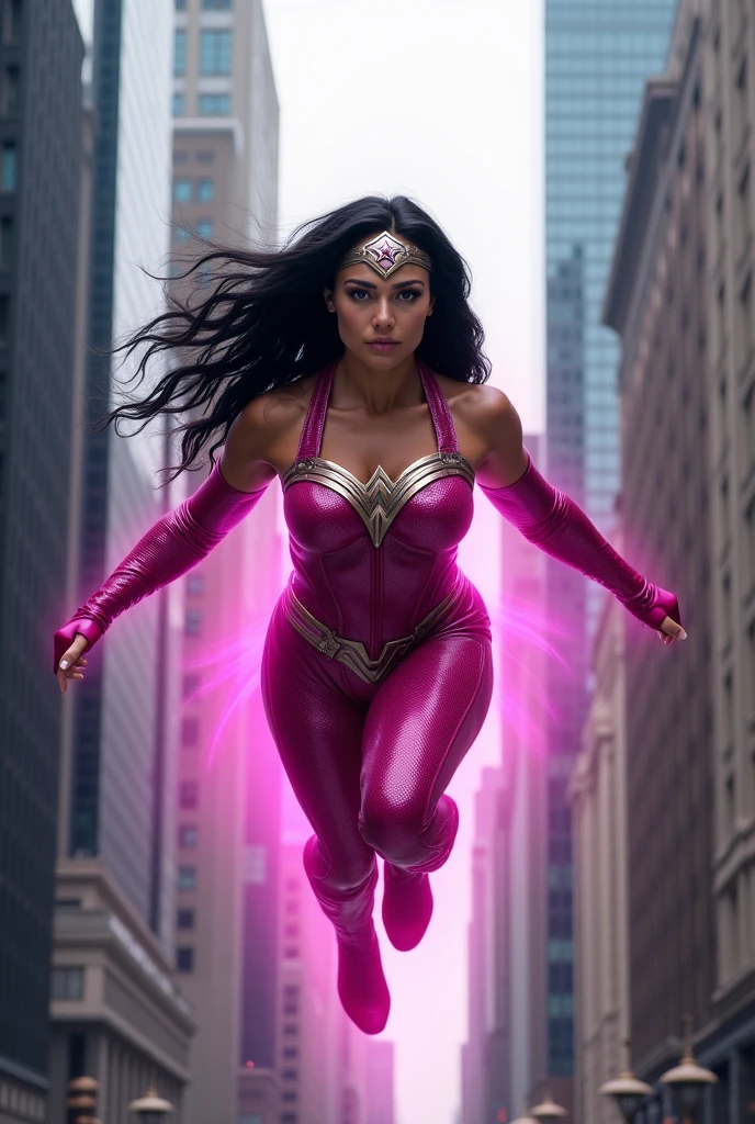 (((Midjourney A beautiful American woman with light eyes and long black hair))),(((Flying between the skyscrapers Screaming))),(((Wearing a fuchsia leather jumpsuit))),(((With tiny scales))),(((Fuchsia sleeves falling from her shoulders))),((((Long fuchsia boots and gloves))),(((Long silver-colored metal bracelets fitted to your wrists))),(((Fuchsia corset with white ten-pointed star))),(((In his abdomen))),(((Fuchsia metal headband Wonder Woman style with a white star on the forehead))),(((Fuchsia metal headband Wonder Woman style with a white star on the forehead))),(((Woman of thick build with muscles in her arms and legs))),((((((,This costume does not have any kind of cape or wings.)))))),(((fuchsia magic around her whole body)))