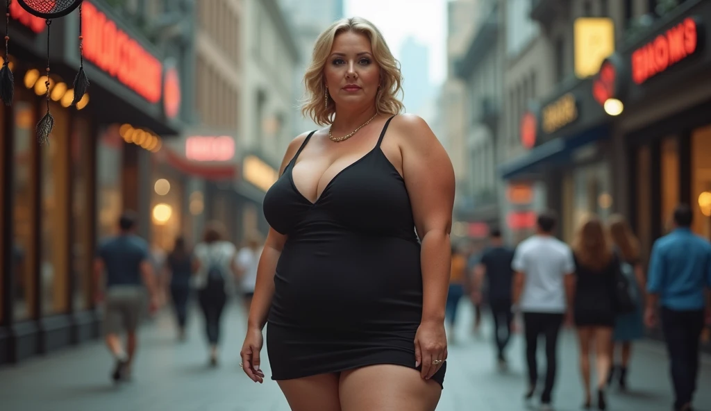 50 year old woman, beautiful woman, older, approximately 50 years old, sexy mature woman, curvy, full body shot, short dress, showing thighs, plus size model, wearing a tight dress on the body, cleavage, large breasts, wide hips, a city in the background, XL size ass, posing for a photo, standing position, voluminous hourglass figure, large and voluminous breasts, no belly, belly has no volume, sexy, different style hairstyle, bright eyes, thin eyebrows, fair skin, blushed cheeks, perfect view from head to thigh, Dreamcatcher Delight embroidery, ultra realistic skin texture, view from head to thigh, smiling face, shadow lighting effect