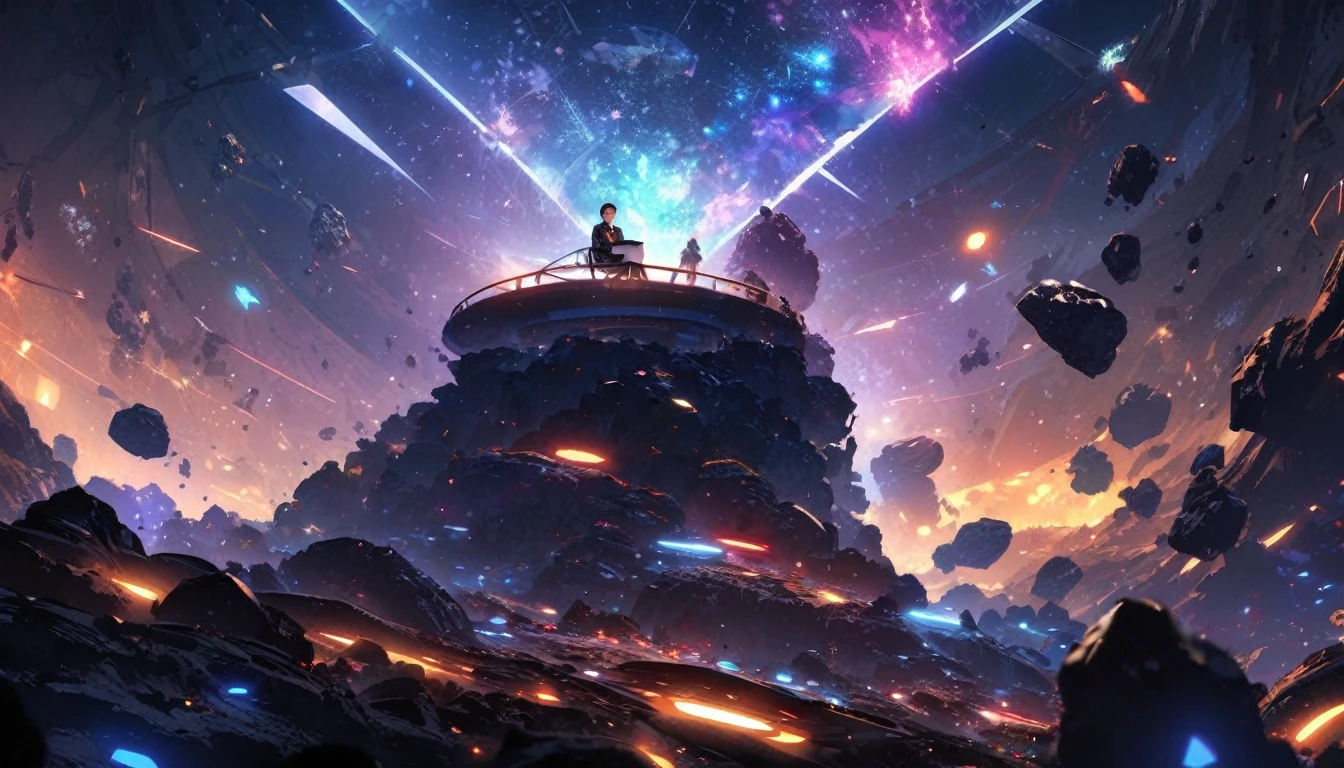 Draw a young programmer, sitting on a research platform floating in the middle of an asteroid belt. He is studying with a notebook, surrounded by several asteroids glowing with fiery auras. Dramatic lighting from distant stars and planets illuminates the scene, casting deep shadows on the suit. The young man looks confident and determined, looking at the vast and mysterious universe with wonder and respect,facial hair, from below