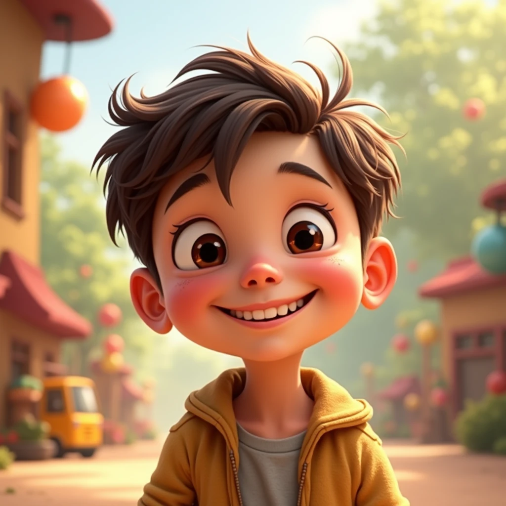 Image type: Pixar cartoon of a boy, short brown hair, big cage eyes, Expression of a happy and friendly child