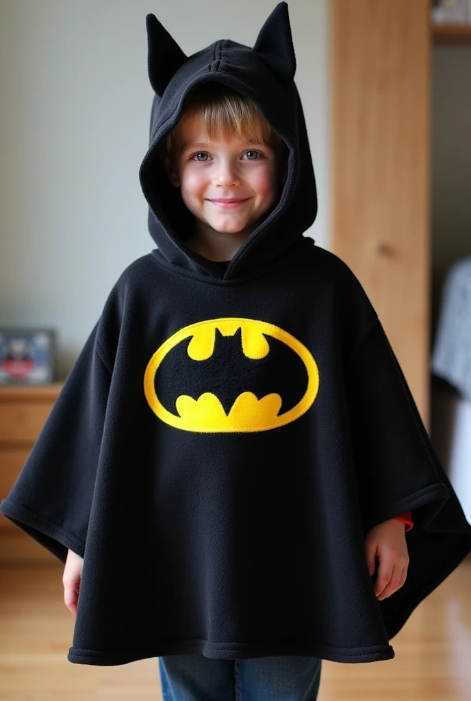 Child's poncho in Batman fleece fabric with emblem in the center, medium size, and bat ears
