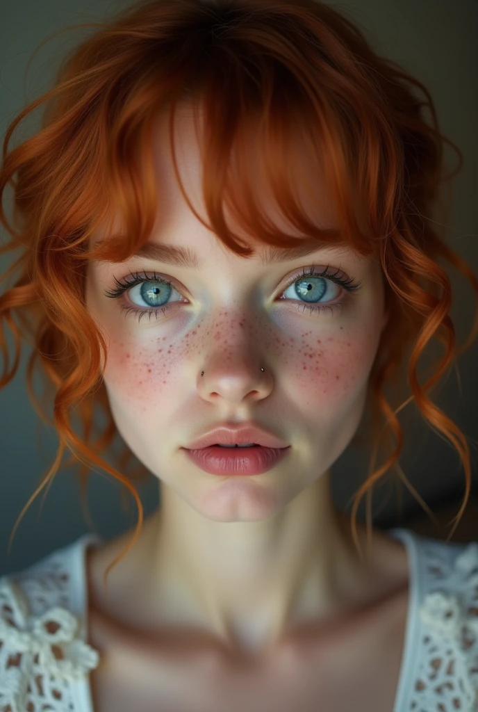 young teenager, Sexy girl with blue eyes, portraite, short curly red hair and big eyes, freckles, selfie of a young woman, Olhos do quarto, violet myers, no-makeup, Make-up natural, looking directly at the camera, guy with artgram, subtle makeup, Stunning full body photo, piercing green eyes, bodi com artgram, Unclothed, witheout panties